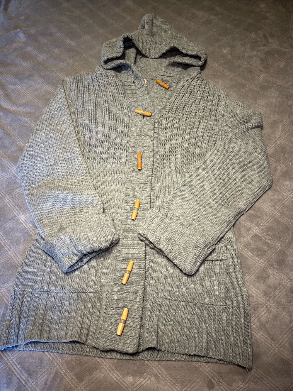 Women's Hooded Gray Toggle Knit Cardigan Sweater